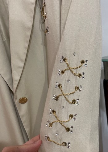 Diğer Bej İşlemeli Uzun Kadın Blazer ceket