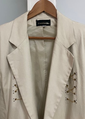 Bej İşlemeli Uzun Kadın Blazer ceket
