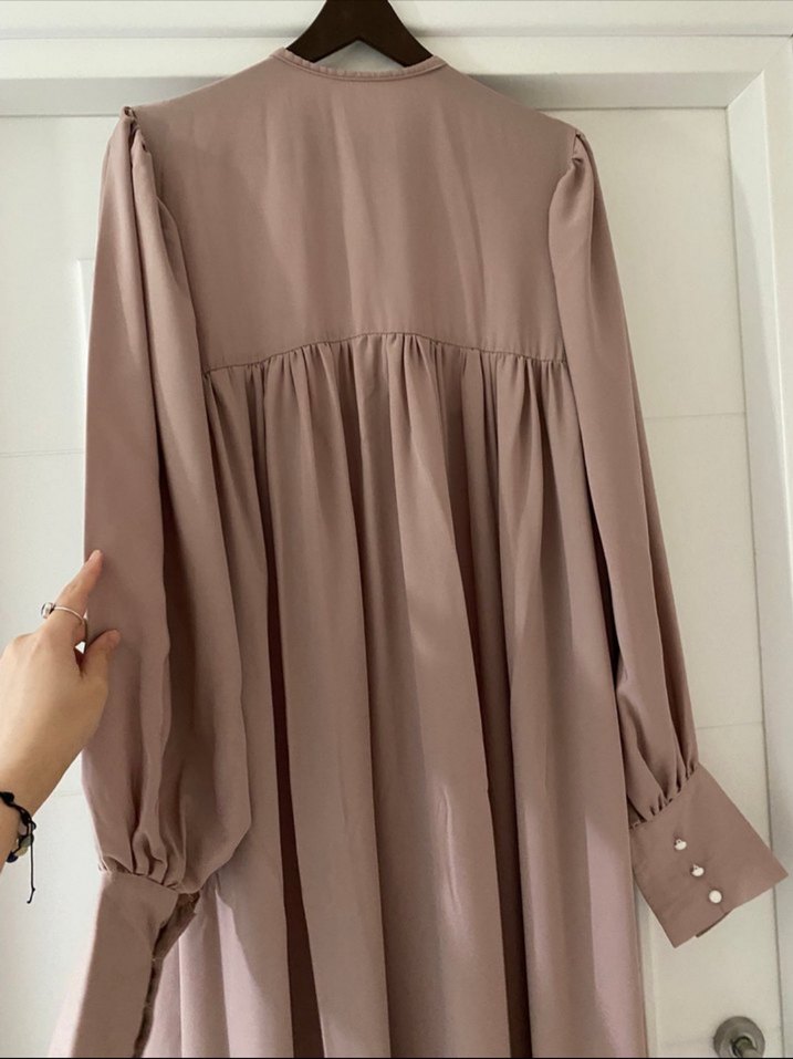 Bej  Uzun Kollu Salaş Elbise - Görsel 4