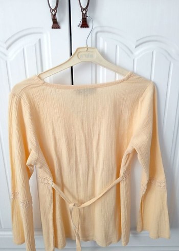 Tereyağı Sarısı Şile Bezi V Yaka Oya Detaylı Bohem Bluz - Görsel 2