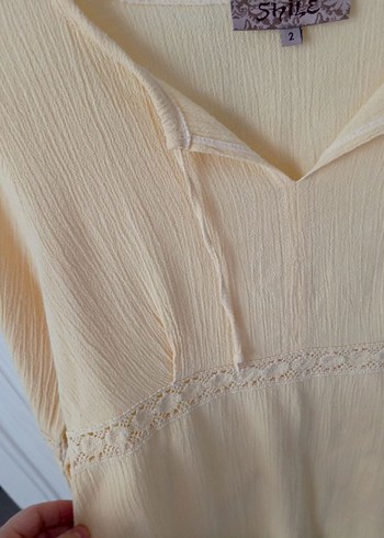 Tereyağı Sarısı Şile Bezi V Yaka Oya Detaylı Bohem Bluz - Görsel 4