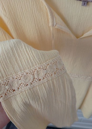 Tereyağı Sarısı Şile Bezi V Yaka Oya Detaylı Bohem Bluz - Görsel 6