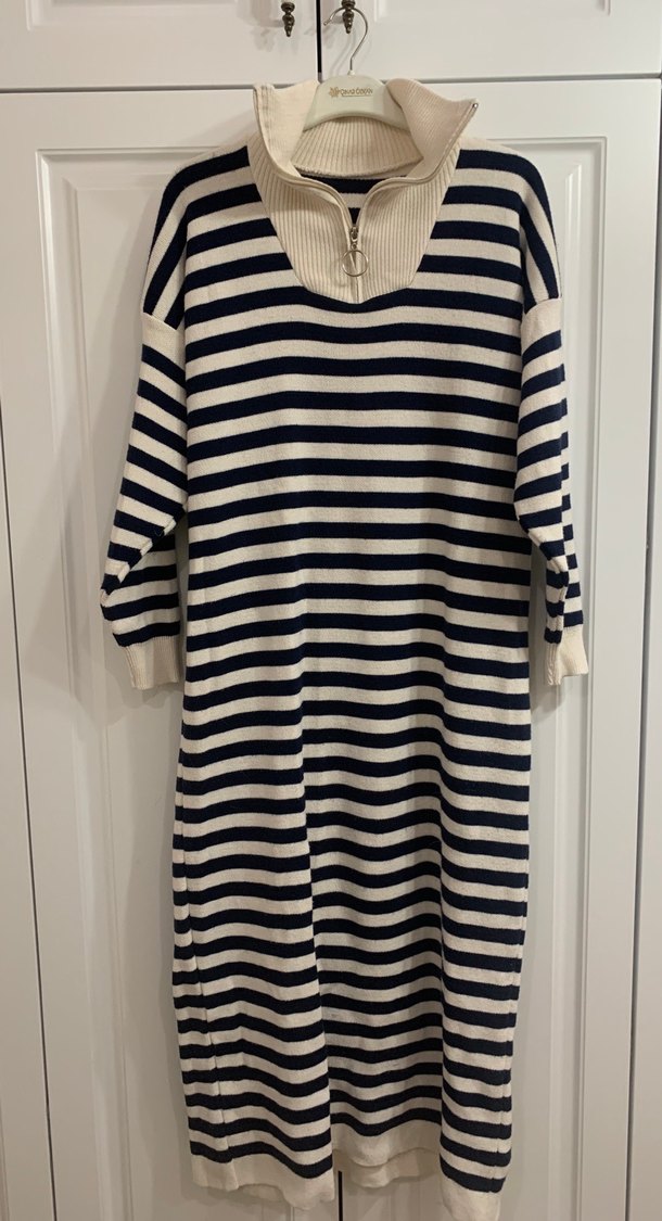 Çizgili Yarım Fermuarlı Kadın Triko - Görsel 2