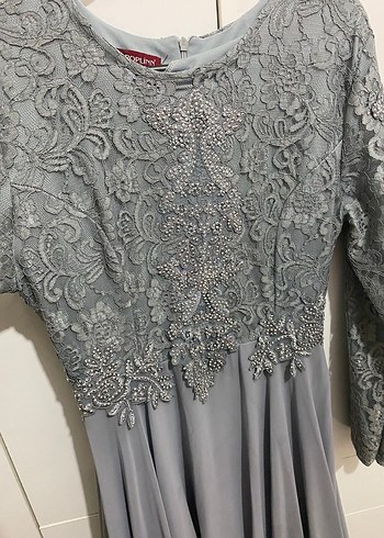 Gri Nakışlı Uzun Kollu Kadın Abiye Elbise - Görsel 3