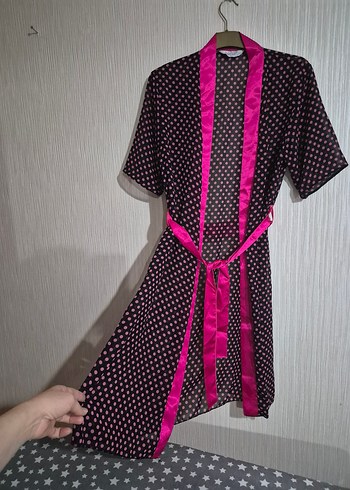 Puantiyeli Pembe Uzun Kadın Sabahlık - Görsel 3