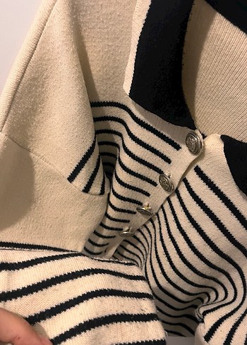 Düğmeli, Uzun Kollu, Çizgili Kadın Kazak - Görsel 2