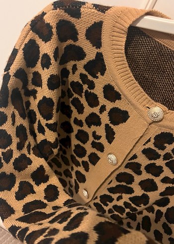 Düğmeli Leopar Desenli Kahverengi Kadın Hırka - Görsel 2
