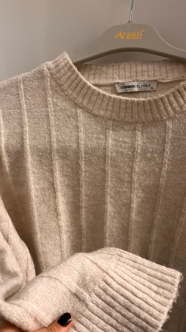 Bej Kadın Triko Kazak, Bisiklet Yaka, Rahat Kesim - Görsel 2