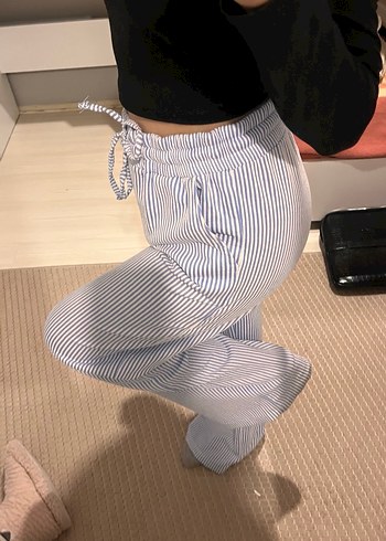 Gri Çizgili Pamuklu Kadın kumaş pantolon - Görsel 4
