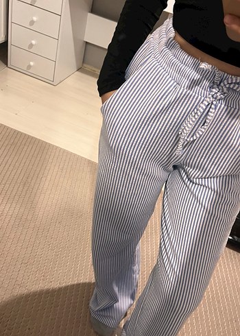 Gri Çizgili Pamuklu Kadın kumaş pantolon - Görsel 2