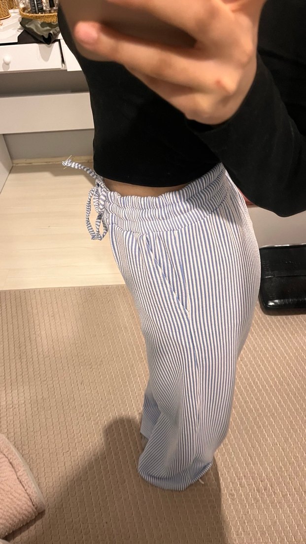 Gri Çizgili Pamuklu Kadın kumaş pantolon - Görsel 3