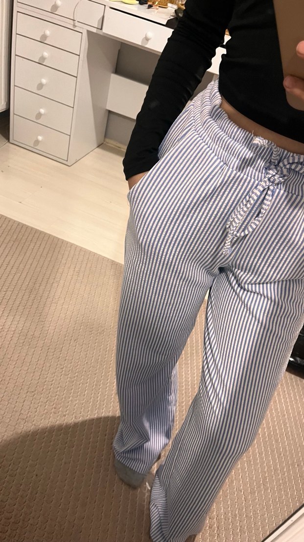 Gri Çizgili Pamuklu Kadın kumaş pantolon - Görsel 2