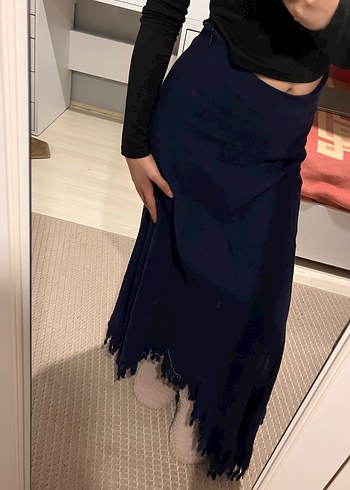 Lacivert Uzun Drapeli Gotik Etek - Görsel 5