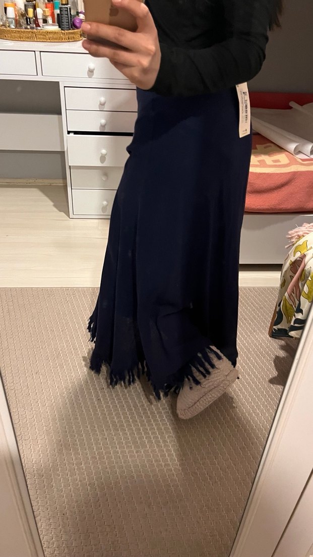 Lacivert Uzun Drapeli Gotik Etek - Görsel 4