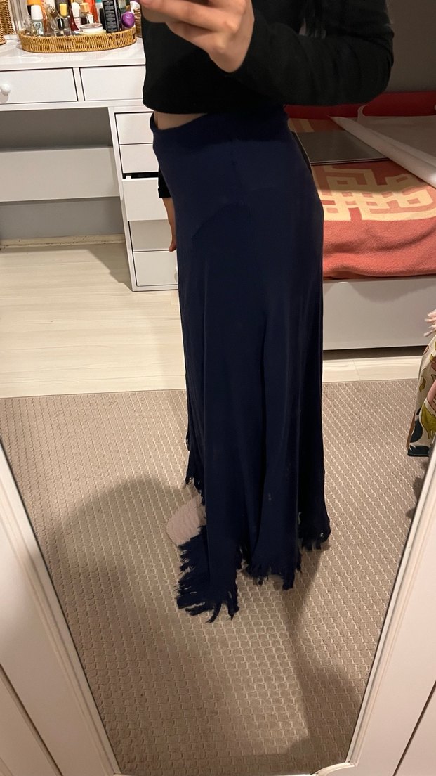 Lacivert Uzun Drapeli Gotik Etek - Görsel 3