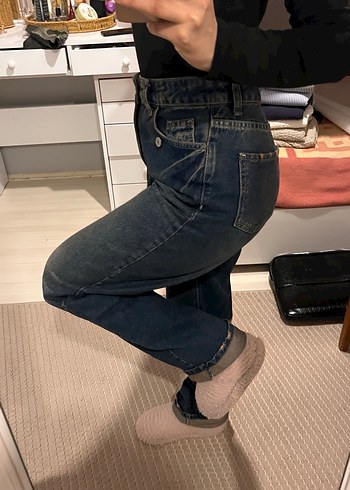 Kadın Lacivert Düğmeli Rahat Kesim Midi Kot Pantolon - Görsel 3