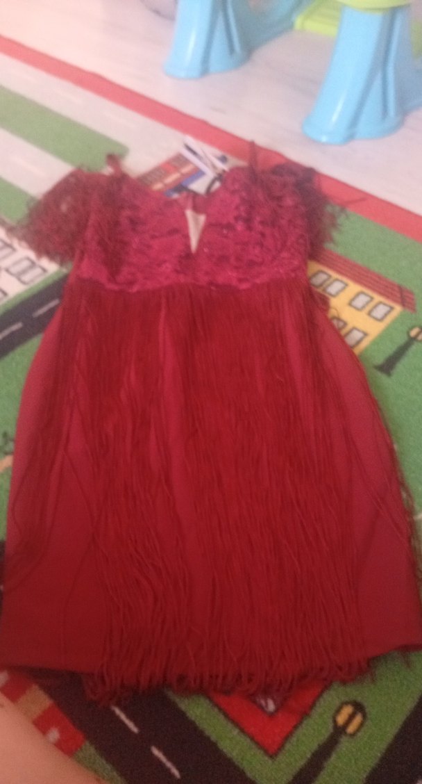 Püsküllü Bordo renkte Kısa Abiye Elbise - Görsel 2