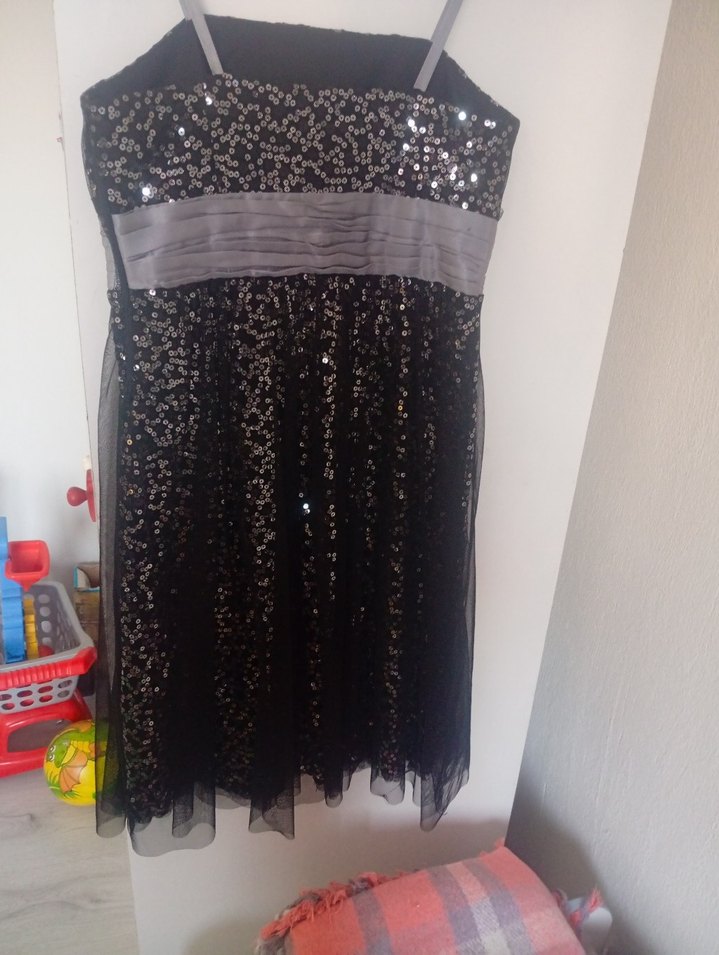 Siyah Payetli Straplez Midi Abiye Elbise - Görsel 3