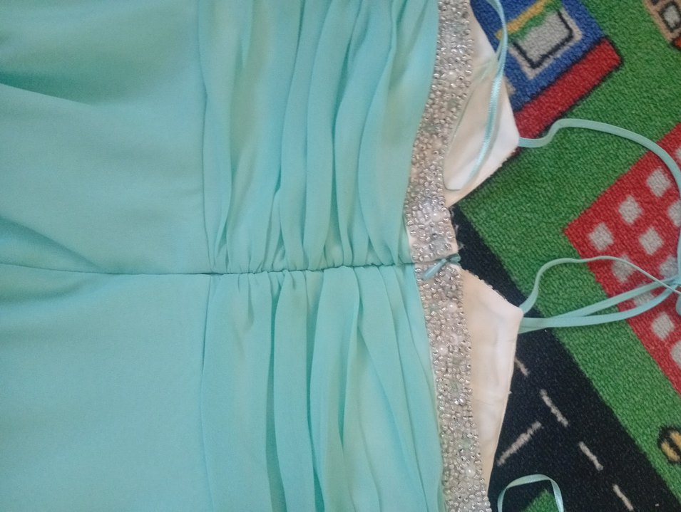 Turkuaz Askısız Uzun Drapeli Abiye Elbise - Görsel 3