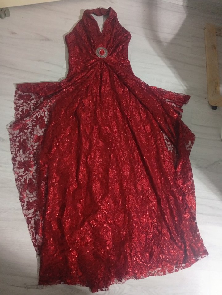 Bordo Dantel Uzun Abiye Elbise - Görsel 2