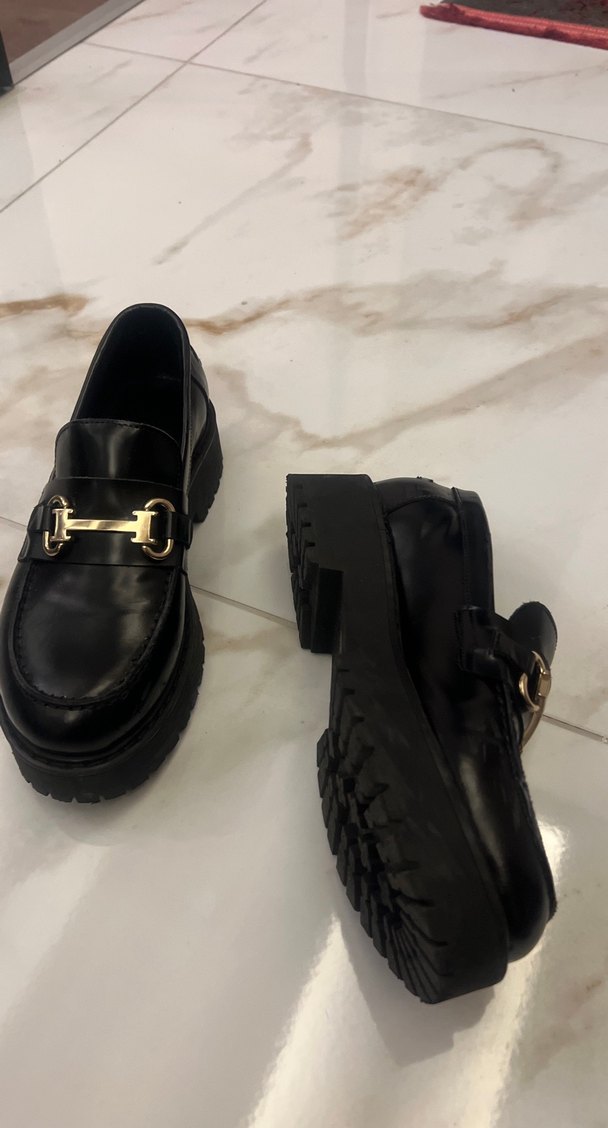 Koyu Siyah Kadın Deri Loafer Platform Topuklu - Görsel 3