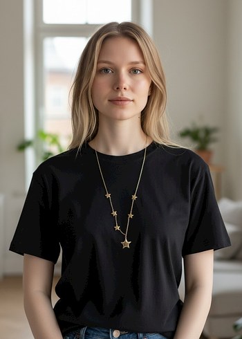 Uzun Zincirli Altın Renk Yıldızlı Kadın Kolye - Görsel 2