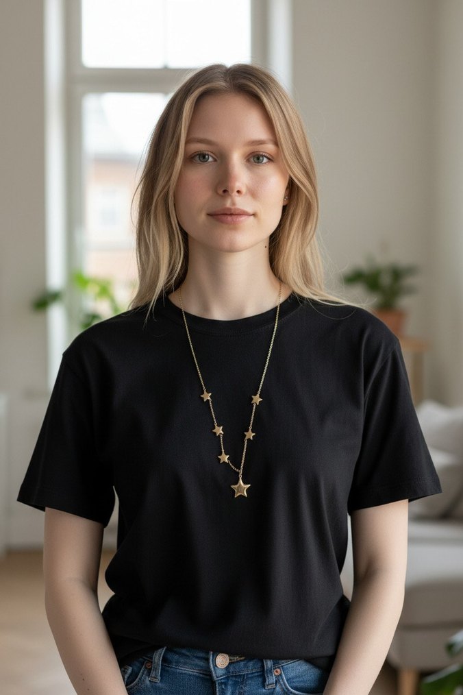 Uzun Zincirli Altın Renk Yıldızlı Kadın Kolye - Görsel 2