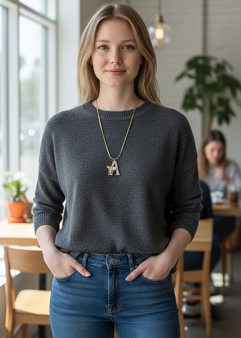 Harf ve Zincir Detaylı Uzun Altın Kadın Kolye - Görsel 2