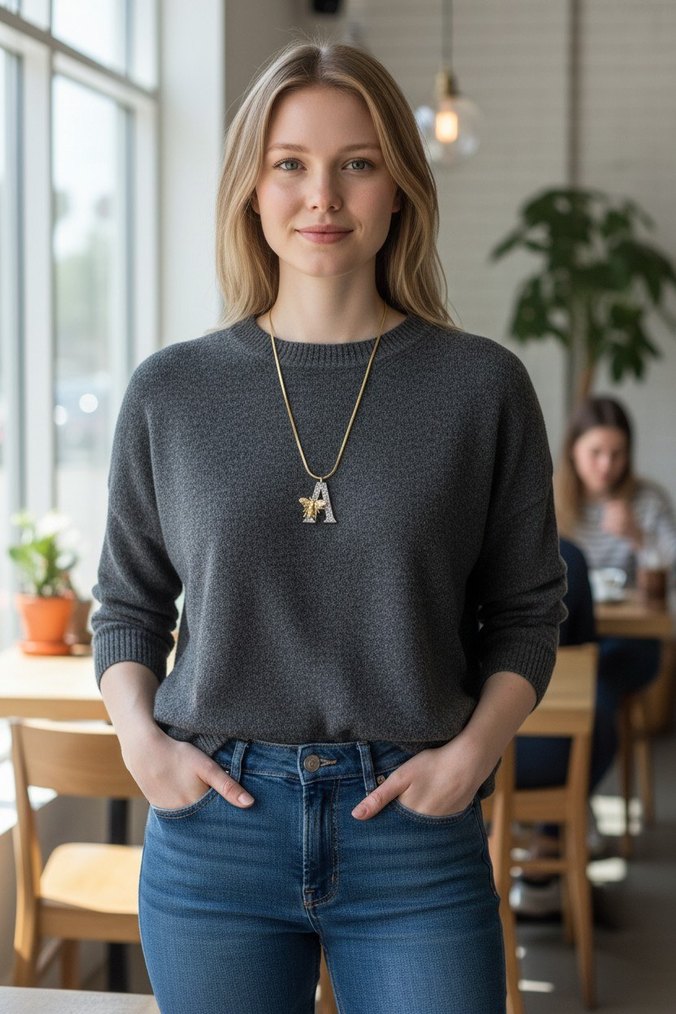 Harf ve Zincir Detaylı Uzun Altın Kadın Kolye - Görsel 2