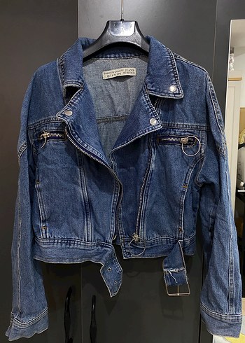 38 Beden mavi Renk Kadın Koyu Mavi Denim Kemerli Ceket