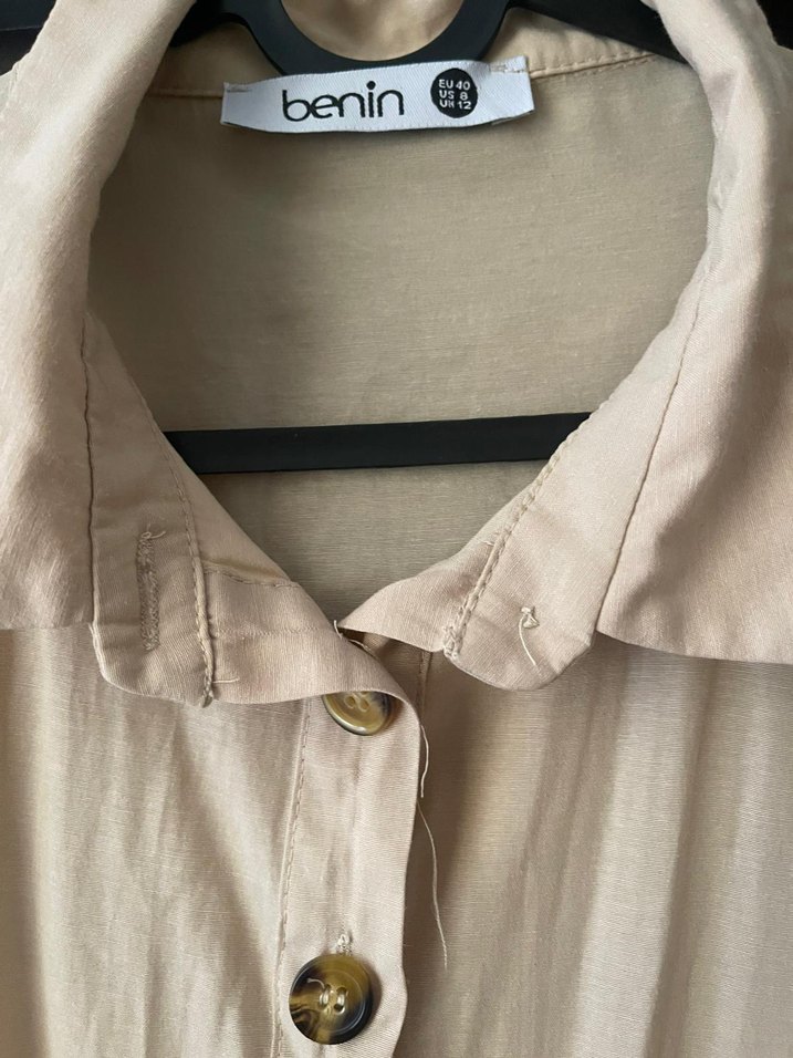 Düğmeli Bej Uzun Keten Elbise - Görsel 2