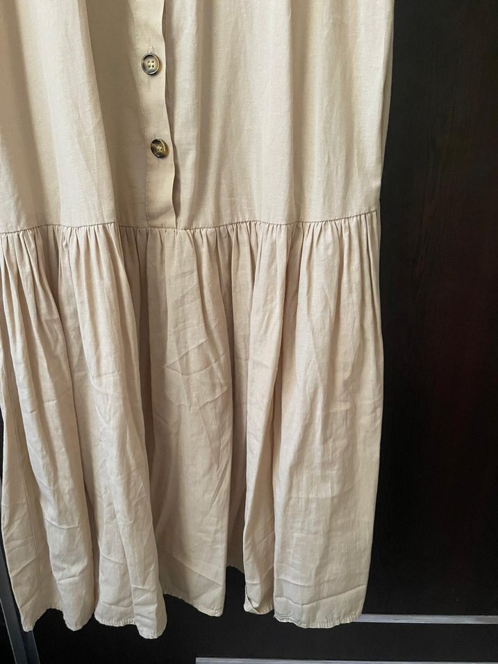 Düğmeli Bej Uzun Keten Elbise - Görsel 4