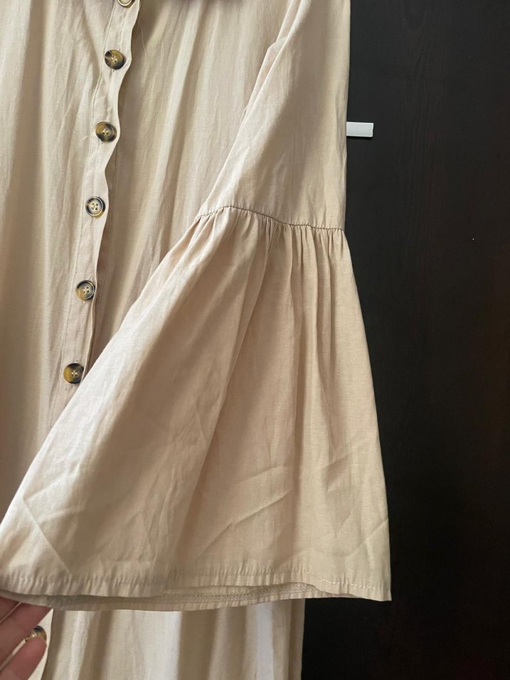 Düğmeli Bej Uzun Keten Elbise - Görsel 3