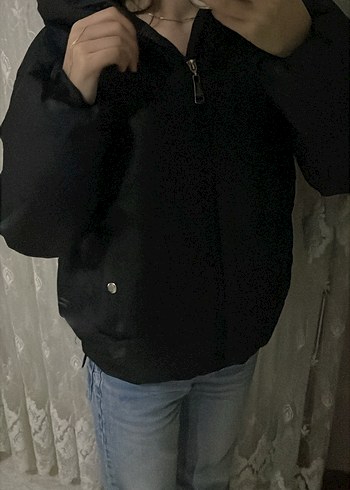 s Beden Siyah Kapüşonlu Kısa Kadın Kışlık şişme Mont