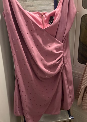Pembe Drapeli V Yaka Uzun Abiye Elbise