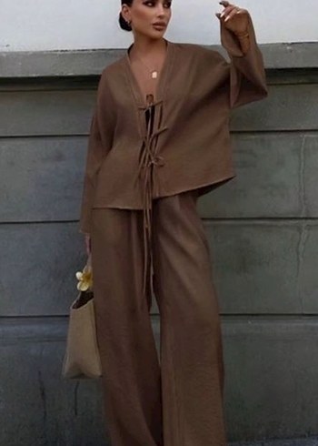 Kahverengi Bol Kesim Keten Kadın pantalon