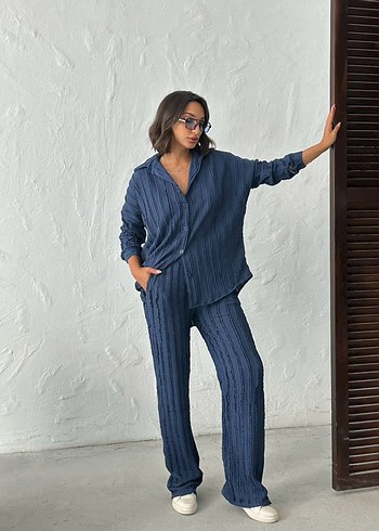 Navy Lacivert Pilili Denim Kadın Takım