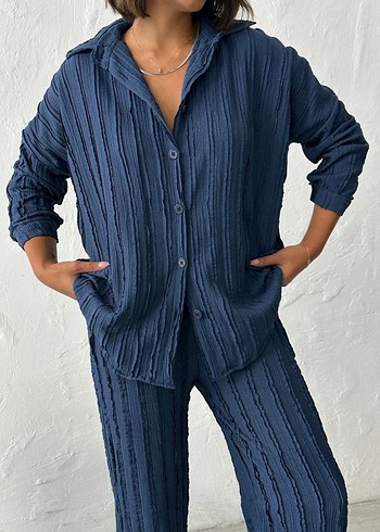 s Beden Navy Lacivert Pilili Denim Kadın Takım