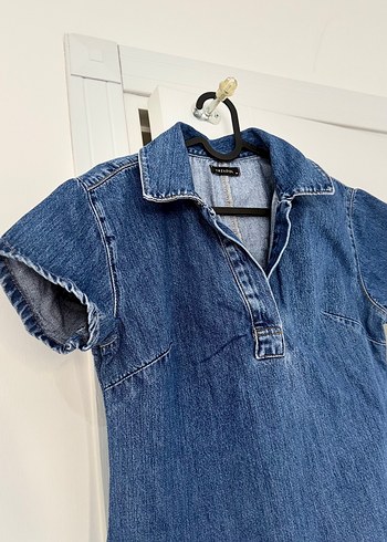 Kısa Kollu Denim Mini Elbise - Görsel 2