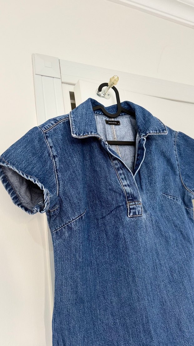Kısa Kollu Denim Mini Elbise - Görsel 2