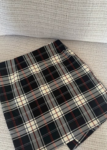 38 Beden gri Renk Düğmeli Kareli Mini Kadın Etek