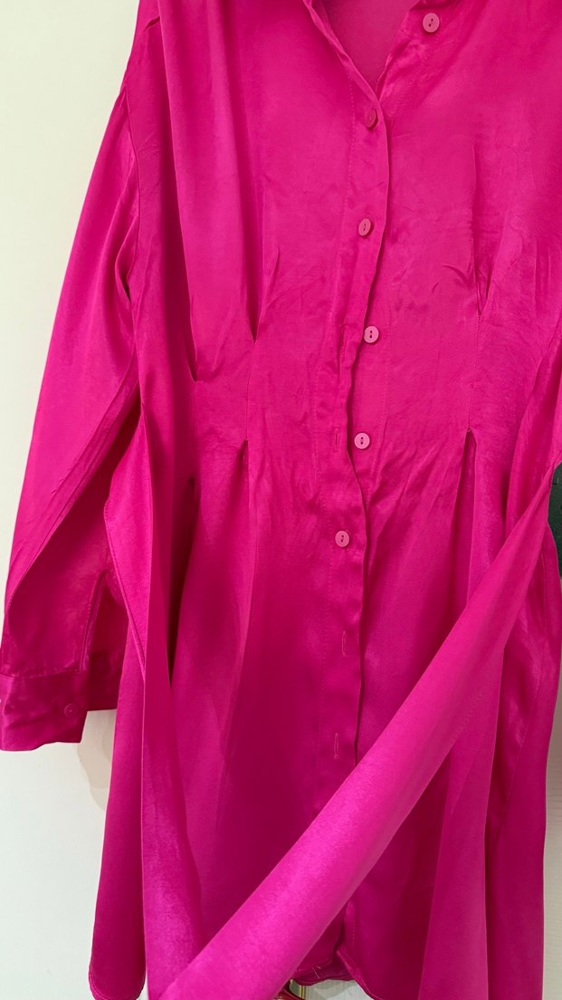 Pembe Düğmeli Uzun Kollu Kadın Elbise - Görsel 3