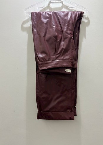 Bordo Deri Midi Drapeli Kadın Pantolon - Görsel 2