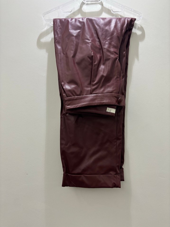 Bordo Deri Midi Drapeli Kadın Pantolon - Görsel 2