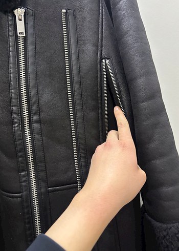 Kürklü Siyah Deri Kadın Uzun Ceket - Görsel 6