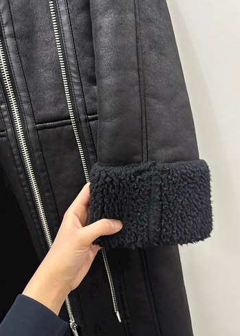 Kürklü Siyah Deri Kadın Uzun Ceket - Görsel 3