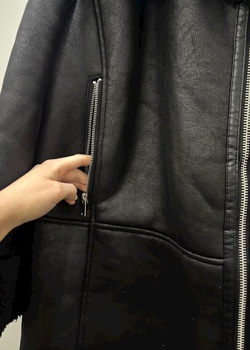Kürklü Siyah Deri Kadın Uzun Ceket - Görsel 5