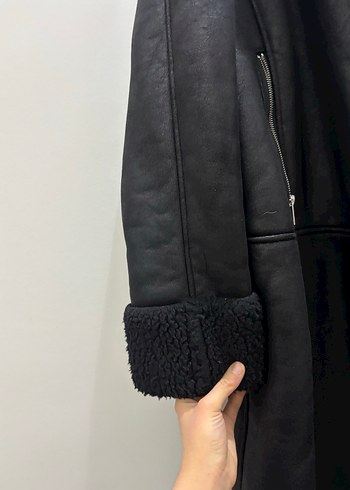 Kürklü Siyah Deri Kadın Uzun Ceket - Görsel 2