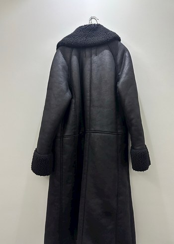 Kürklü Siyah Deri Kadın Uzun Ceket - Görsel 7