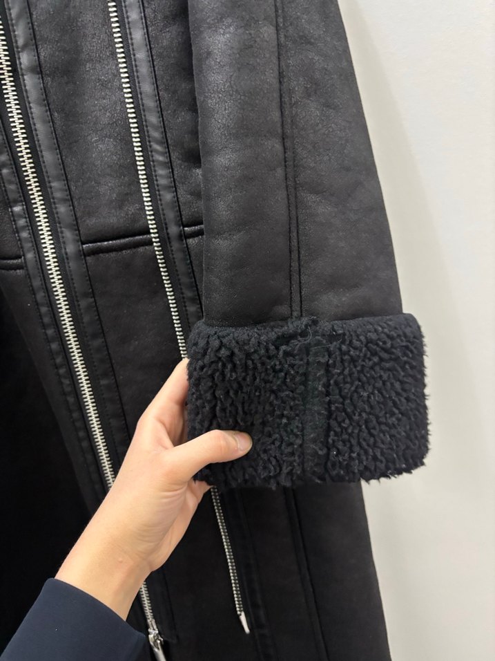 Kürklü Siyah Deri Kadın Uzun Ceket - Görsel 3